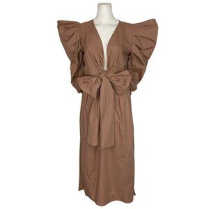 Padova Tie Front Dress 8 Beige Statement Sleeve Ruched Midi V-Neck Art To Wear